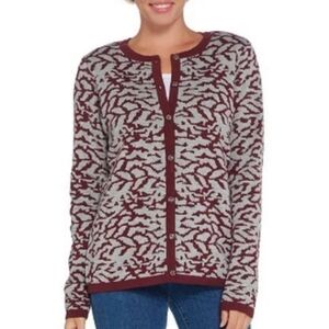 Denim & Co Burgundy & Gray Patterned Button Up Cardigan Sweater 3X